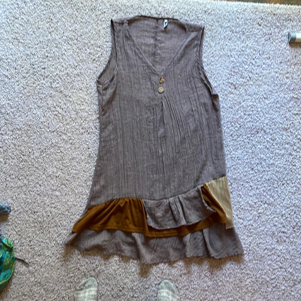 Multi fabric dress, boho vintage, grey, brown, white lacy -small